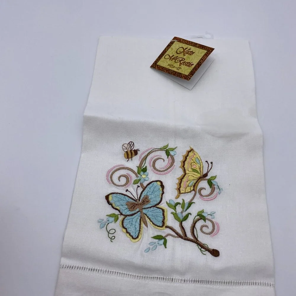 Kate McRostie cotton butterfly flroal embroidered tea towels white hydrangea new
